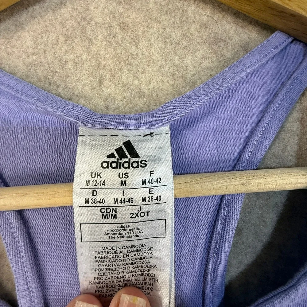 Adidas Womens Racerback Tank‎ Top Purple White Logo Graphic Athletic Size Medium